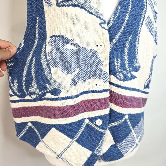 Vintage 70s Maxson Tapestri Oatmeal White Blue Woman Golf Tapestry Vest - Picture 5 of 7